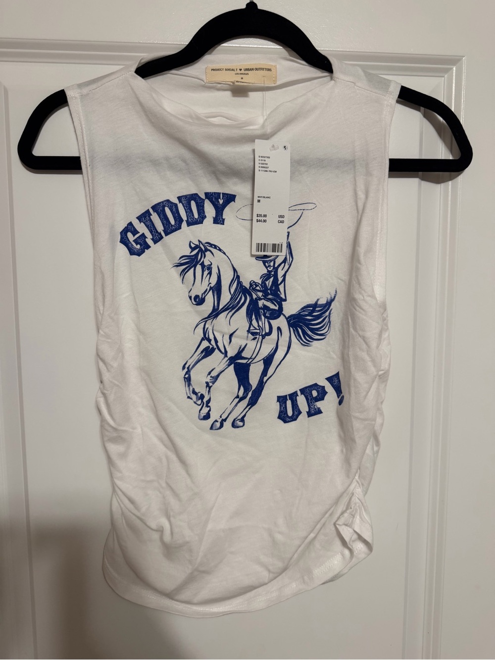 Project Social T 🖤Urban Outfitters White Tank with Blue Horse 'Giddy Up' Graphic